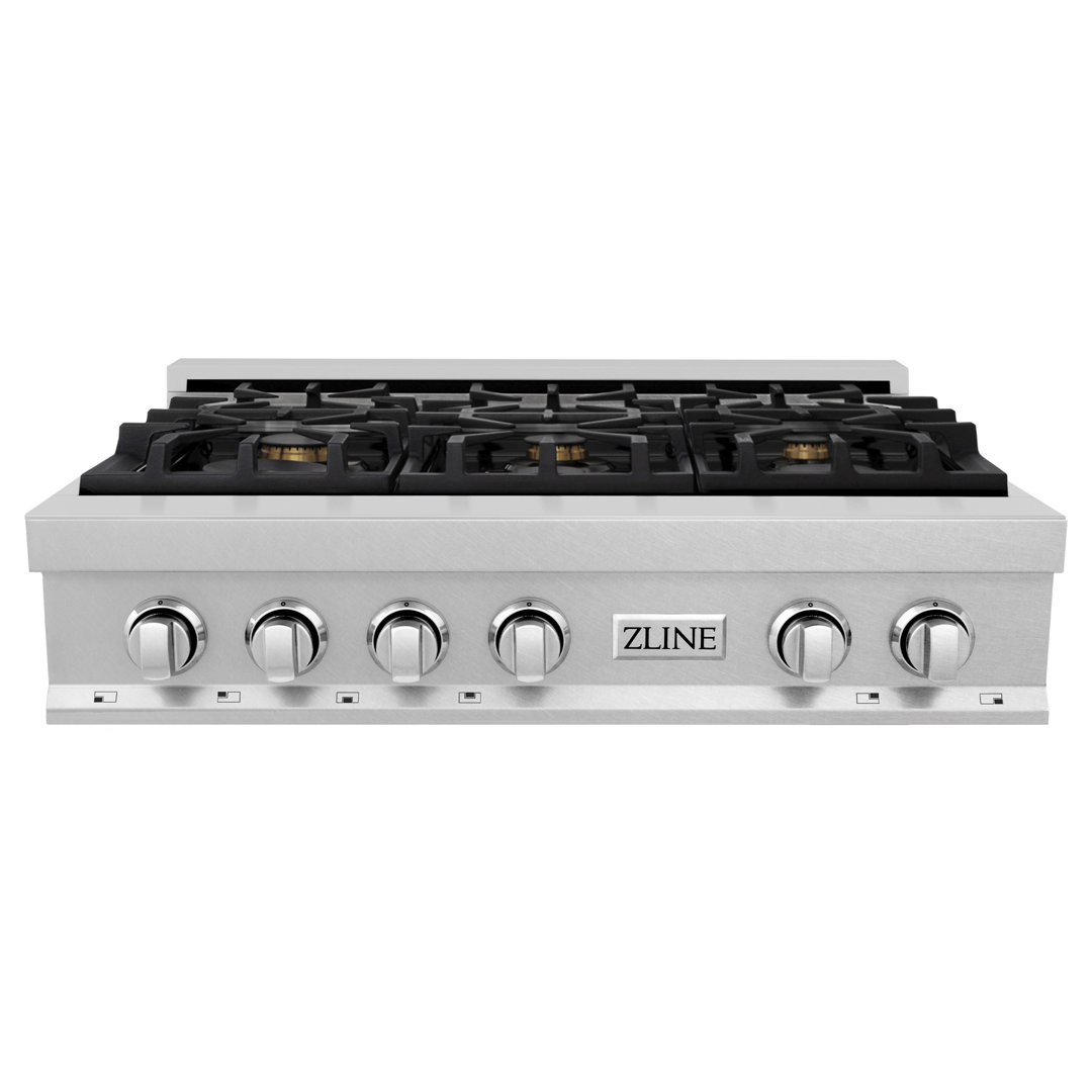 ZLINE 36 in. Legacy Gas Rangetop with 6 Brass Burners and Porcelain Cooktop in Satin Stainless Steel with Griddle (RTS-BR-GR-36) ZLINE