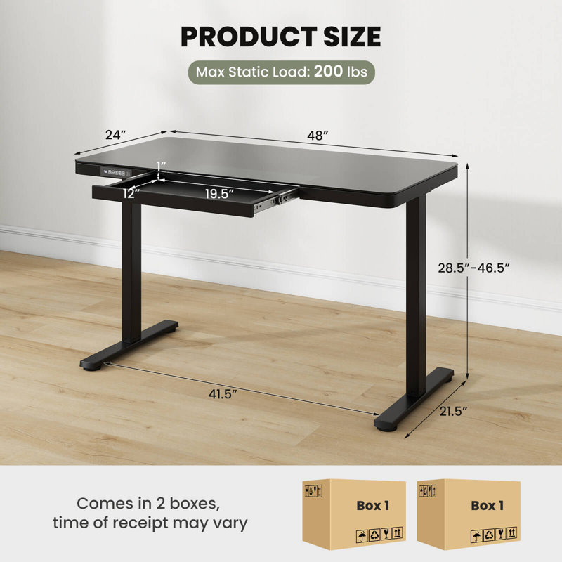 Latitude Run® 48" X 24" Whole-piece Glass Standing Desk W/drawers Writable Tempered Glass Top, Black