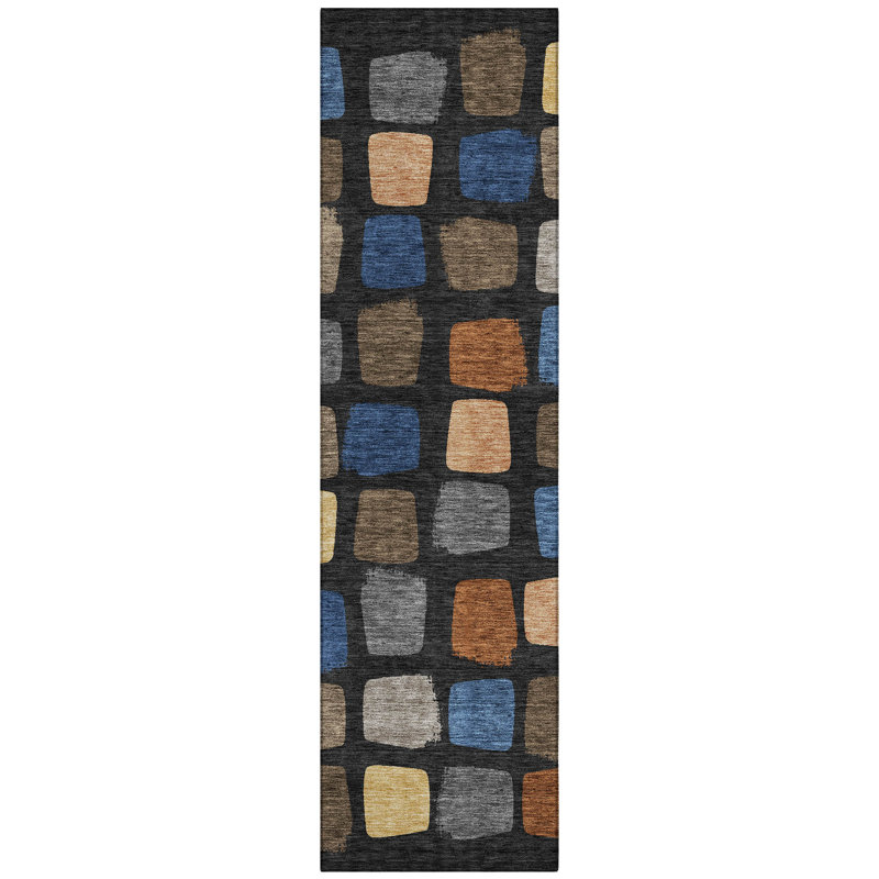 Machine Washable Indoor/Outdoor Chantille ACN2501 Squares Rug, 2'3" x 7'6" Runner, Black