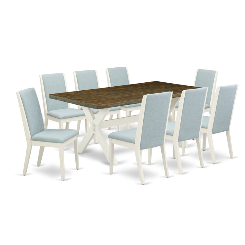 L'ensemble 9 pièces de table et chaises de cuisine comprend une table de salle à manger rectangulaire et 8 chaises revêtues de tissu en lin bleu bébé, en lin brossé blanc 