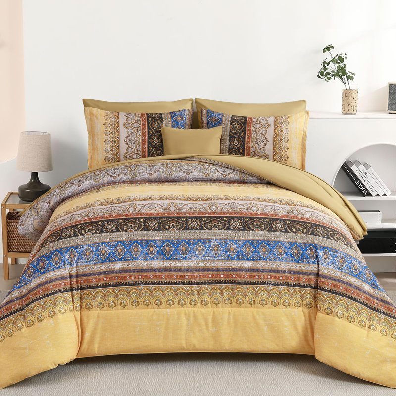 Ensemble de courtepointe 8 pièces Bohemian, Jaune / Brun / Vert, Édredon grand + 7 articles supplémentaires