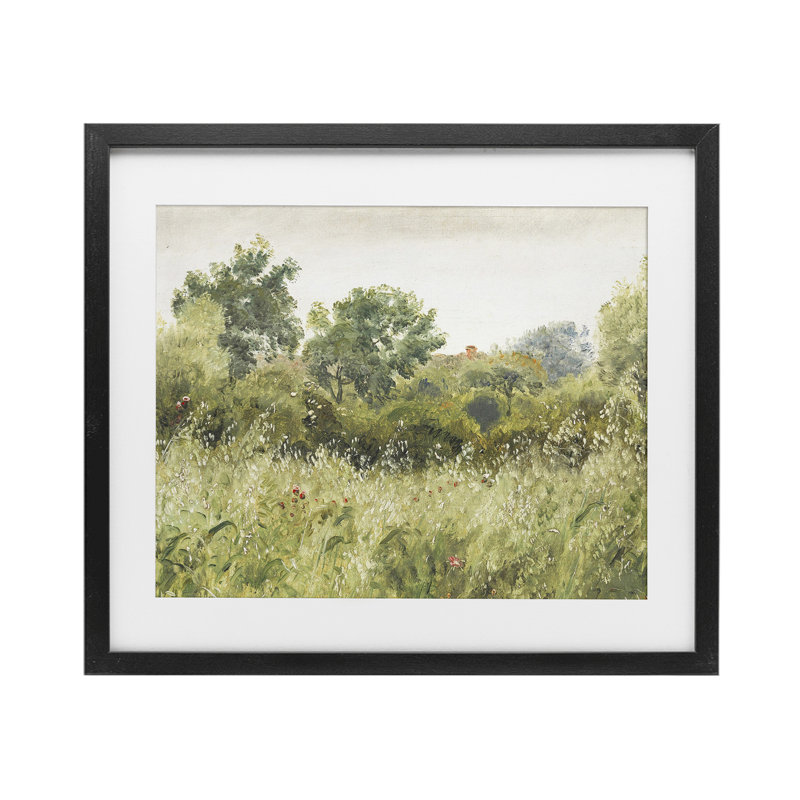 Reproduction sous verre rétro encadrée d'arbres et de champs, conception par Leah Straatsma, Cadre noir minuit