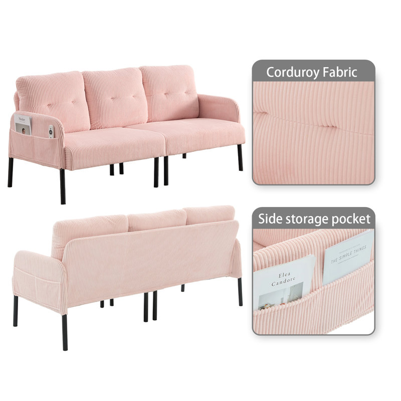Canapé moderne en velours côtelé avec poches latérales et pieds en métal minimalistes, Rose