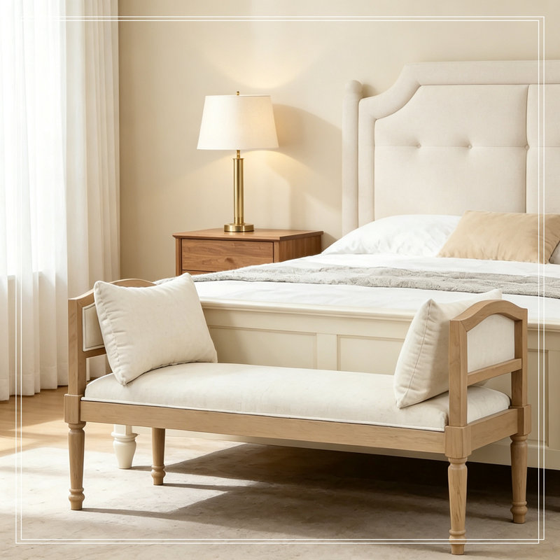 Banc rembourré avec pieds tournés et coussins latéraux, Beige