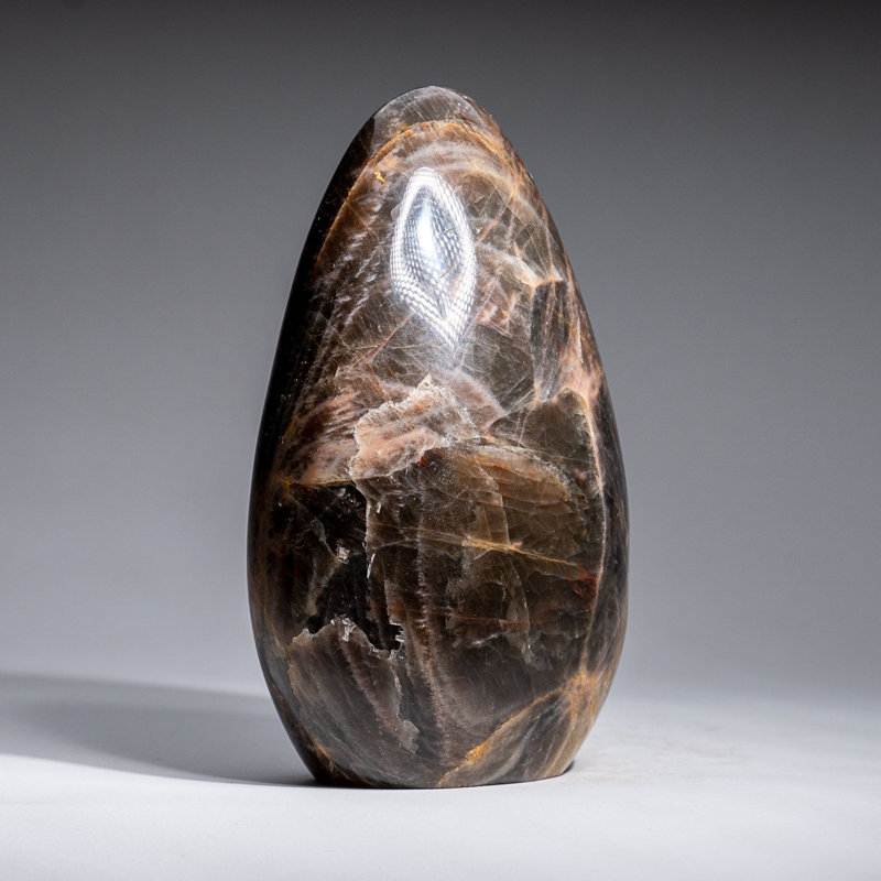 Genuine Polished Black Moonstone Freeform from Madagascar (3.2 Lbs), 6.5" H x 4" W x 2" D, Grey/Brown/Black