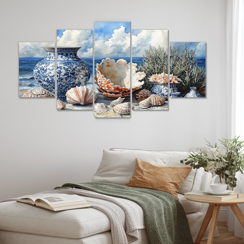 «Beach Pottery in Blue and White Tones V», ensemble de reproductions d'art mural