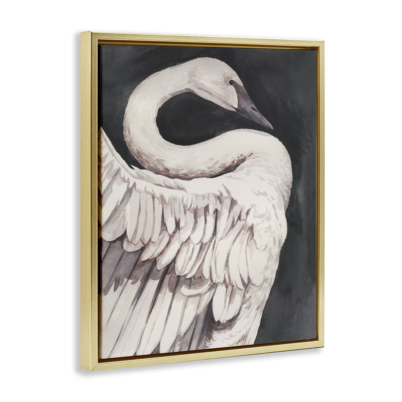  «Swan Portrait on Grey Floater», art mural sur toile par Grace Popp, H 31 po x l 25 po, Cadre flottant métallique doré