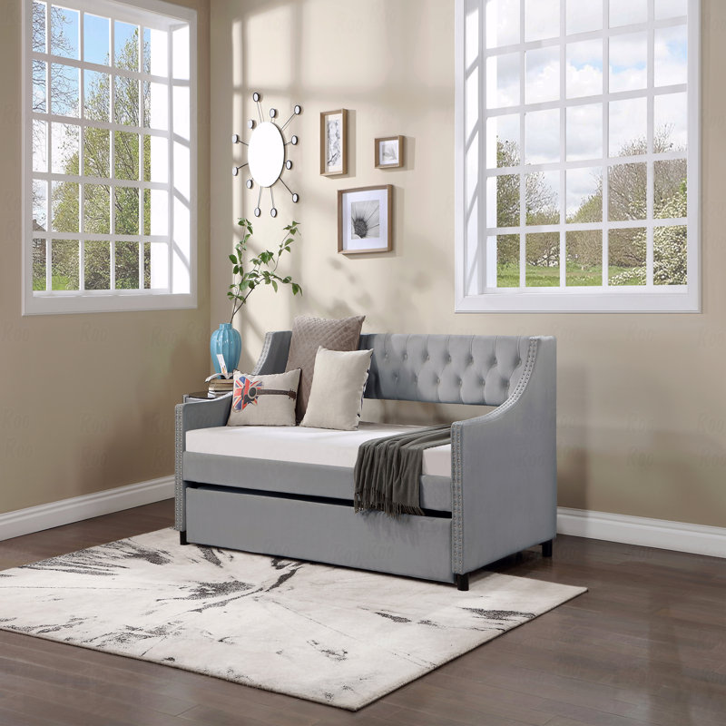 Upholstered Trundle Daybed, Twin Size,Sturdy Wood Bed Frame W/ Bed Frame Tufted Button And Copper Nail On Arms Design,Perfect For Bedroom,Guest Room Furniture,No Box Spring Needed