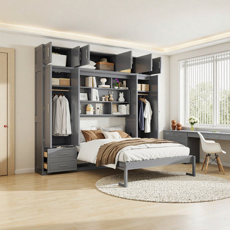 Grand lit escamotable avec système de rangement intégré, Gris