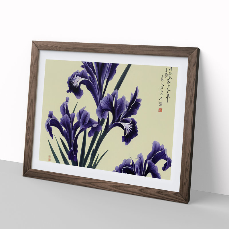 Japanese Iris Flowers - Single Picture Frame Print, 25cm H x 34cm W x 2cm D, Walnut Framed