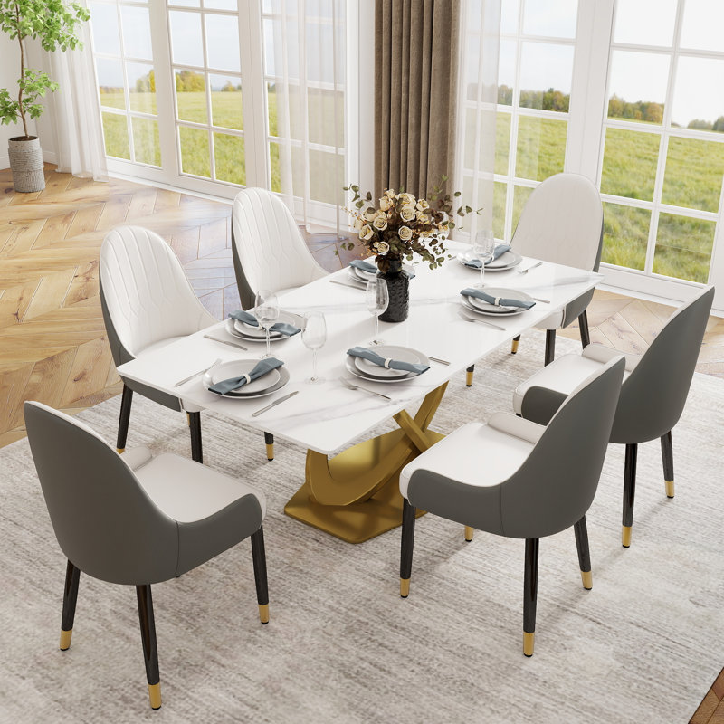 Ensemble de table de salle à manger moderne 7 pièces Zagan, H 29,53 po x L 70,84 po x P 35,43 po, Blanc, Gris