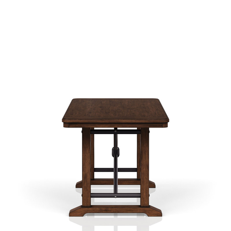 Table à double caisson à hauteur de comptoir en brun, chic industriel, bois massif et matériau brun avec piédestal