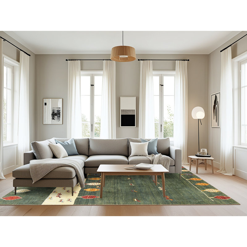 Tapis abstrait vert / beige Tora, Rectangle 8 pi x 12 pi