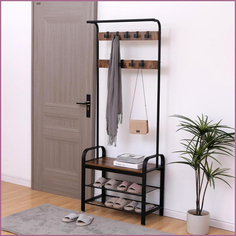 Coat Racks for Entryway, 4-in-1 Rustic Hall Tree with Shoe Bench, 9 Removable Hooks &amp; Hanging Rod, 13.8x25.2x72.8 In | Brown | MDF+Metal