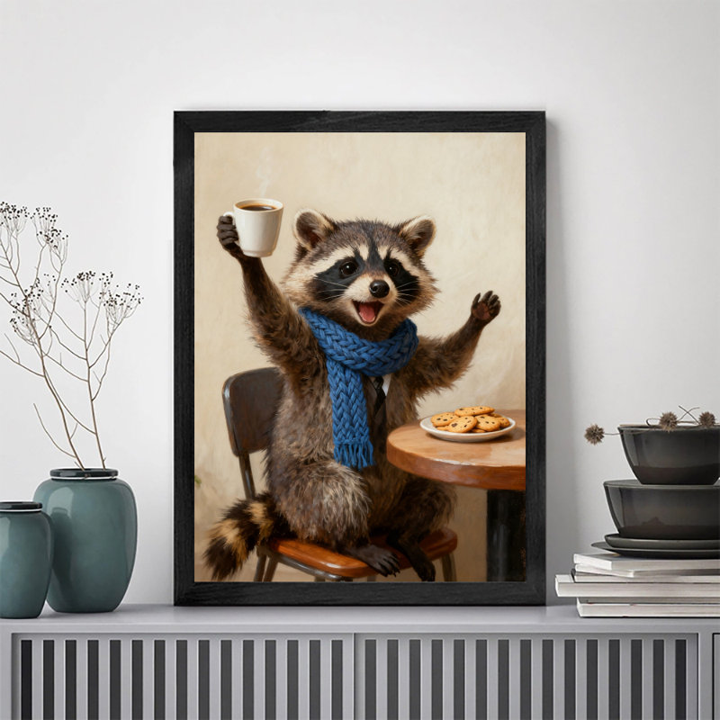 Art mural rétro noir et raton laveur avec café, impression de style mignon et réaliste, H 11 po x l 9 po