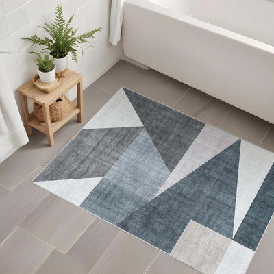 Tapis lavable moderne: tapis géométriques 2 x 3 pour petit tapis d'entrée de cuisine avec tapis antidérapant pour porte de chambre à coucher pour plancher de salle de bain bleu gris 2 pi x 3 pi.