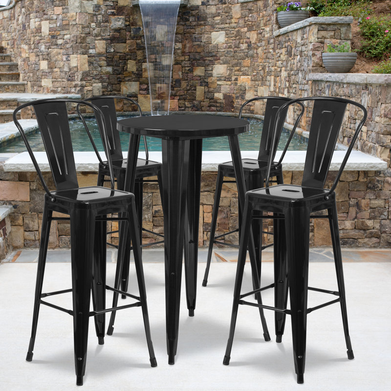 Williamston Round Metal Indoor-Outdoor Bar Table Set with 4 Cafe Stools, Black, 41" H x 24" W x 24" L