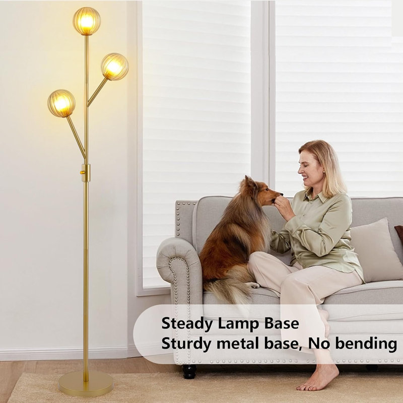 67" Mid-Century Modern Floor Lamp With Dimmable 3 Globe Glass Shades For Living Room, Bedroom, Brushed