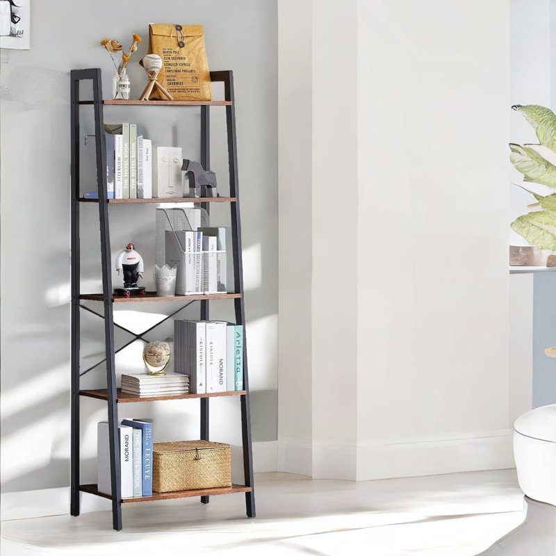 Aeneus Rustic Ladder Shelf Bookcase Industrial Rustic Brown Home Living Room Furniture