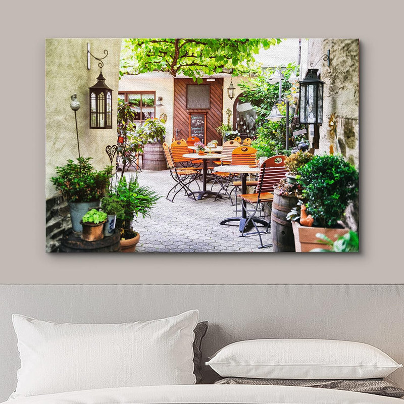 Architecture, bâtiment, café européen, terrasse, terrasse, nourriture, paysage urbain sur toile, H 24 po x l 36 po x P 1,5 po