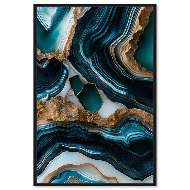 «Teal Tectonic II», art mural géode bleue par , Cadre flottant noir, H 16 po x l 11 po