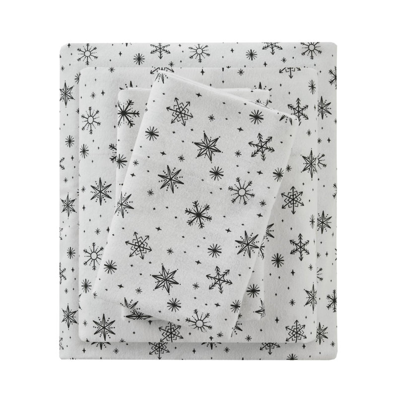 Drap de taille 4 pièces, 100% flanelle de coton, motif flocons de neige noirs, luxe pour les grands matelas jusqu'à 18 po, douceur supérieure, drap-housse élastique, pré-rétréci, comprend des taies d'oreiller plates et 2,