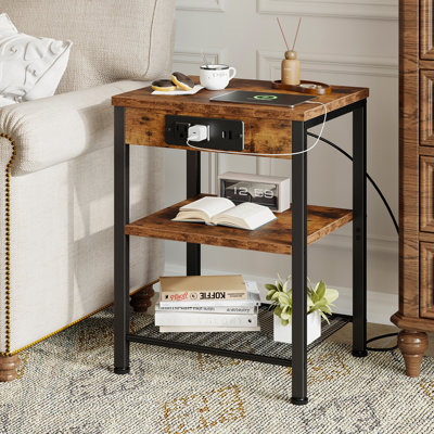 3-Tier Nightstand with Charging Station, End Table with 2 AC Outlets, USB and Type-C Ports for Bedroom and Living Room
