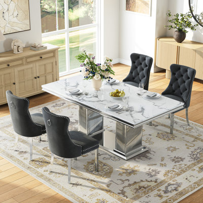 Metal And Faux Marble Rectangular Dining Table With 4 Velvet Upholstered Nailhead Dining Chair