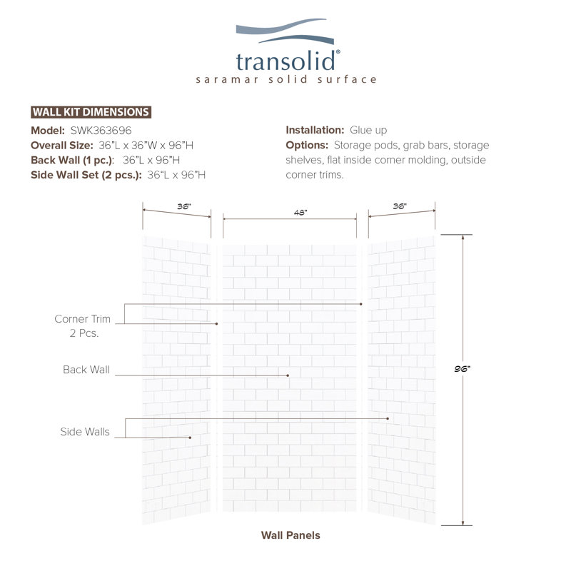 Mur de douche à trois panneaux 96 po x 48 po x 36 po Saramar, Blanc, H 96 po x l 48 po x P 36 po
