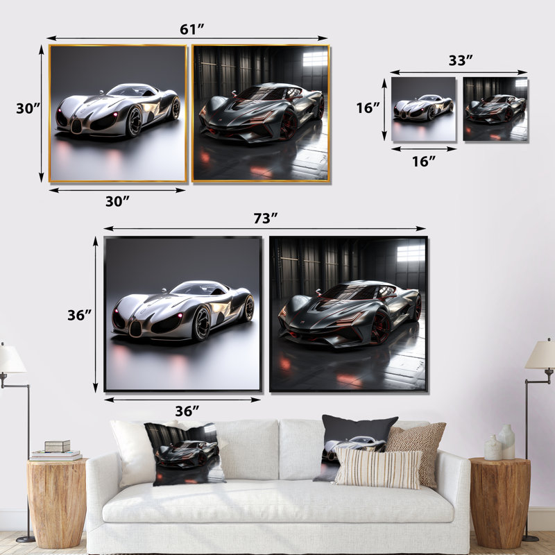 «Silver Car», ensemble de 2 reproductions d'art mural exotiques, H 36 po x l 73 po x P 1,5 po, Encadrement brun
