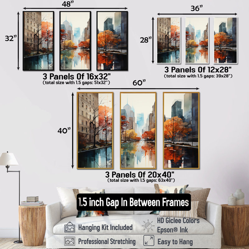 «Autumn New York City Breeze 1», art mural de la ville de New York, Cadre flottant doré, H 28 po x l 36 po x P 1 po