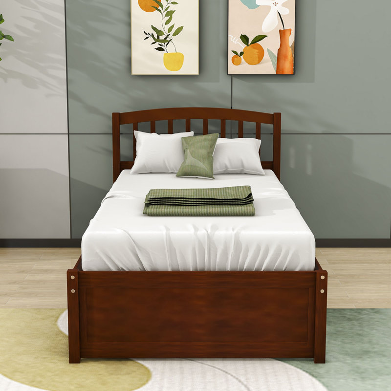 Twin Size 2 Drawers Platform Bed with Headboard, Walnut