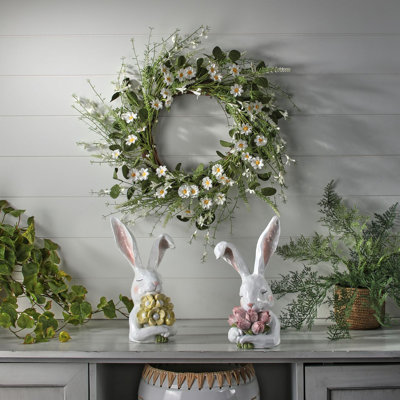 Lapin pensif en résine 12 "avec fleurs