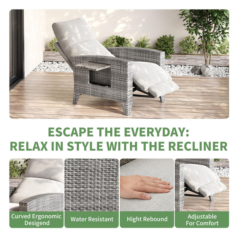 Outdoor Wicker Recliner Chair with Adjustable Backrest and Footrest, Patio Lounge Chair with Flip-Up Table and Cushion, Steel Frame