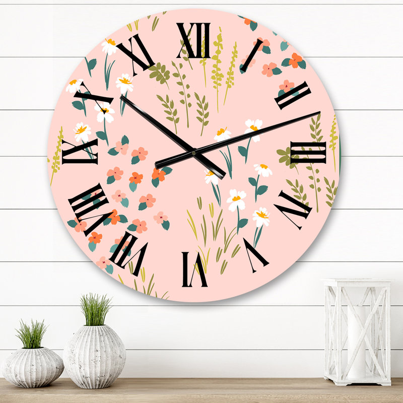 Horloge murale rose et verte à motif floral abstrait I, Moyen
