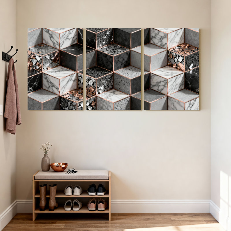 Ensemble de 3 reproductions de peinture à l'huile sur toile abstraite moderne à motif géométrique en marbre et cuivre