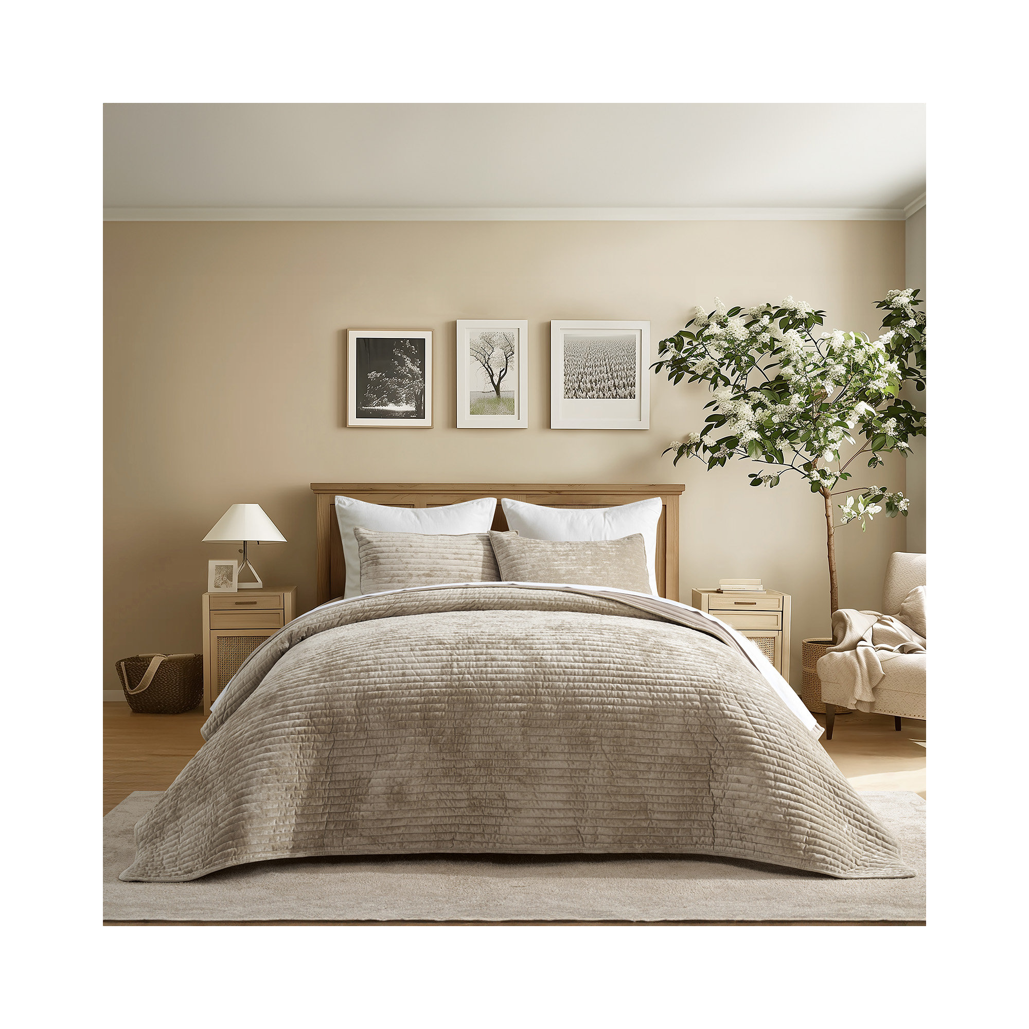 Luxe Velvet Channel Quilt Set, California King, Taupe