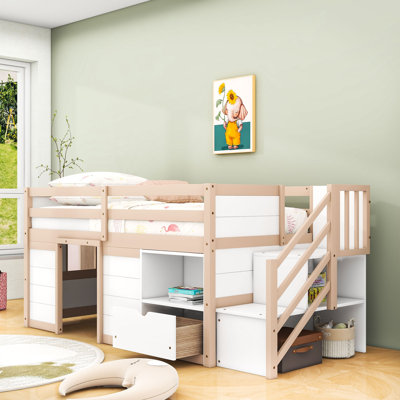 1 Drawer Twin Wood Low Loft Bed With Storage Stairs, Shelves And Guardrails