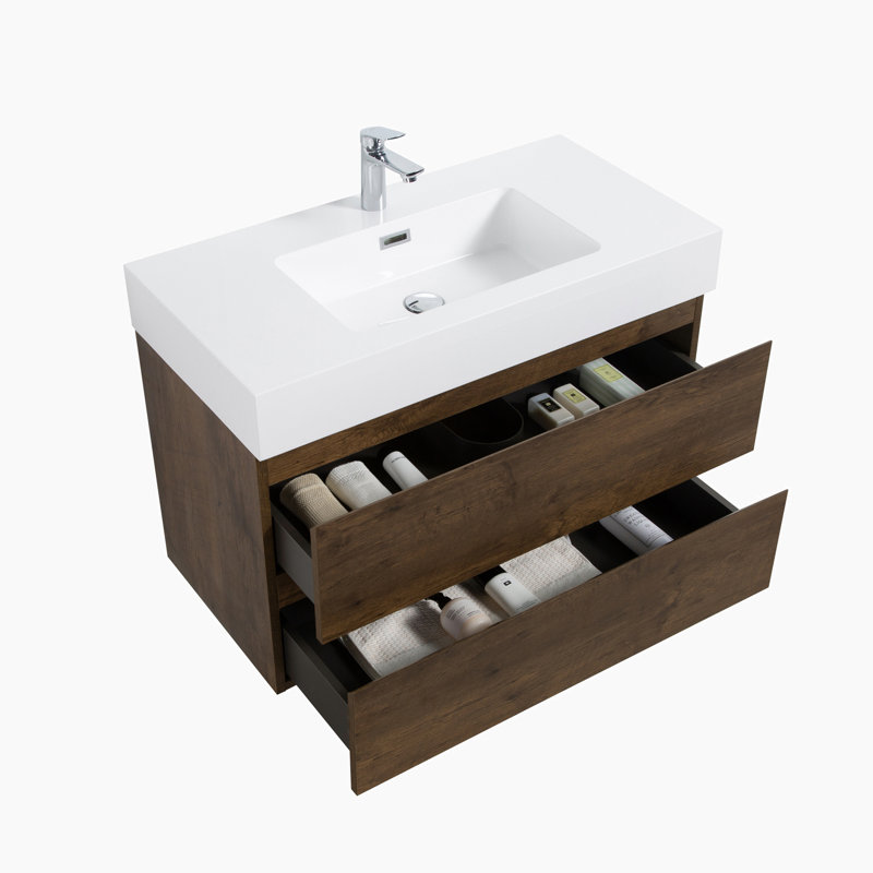 Meuble-lavabo simple 35,8 po avec plateau Atqiya, Noyer, Blanc