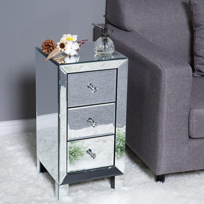 2-Piece Mirrored Nightstand Set With 3 Drawers, Glass End Table For Bedroom Or Living Room, Silver Finish, Sturdy Wood Frame