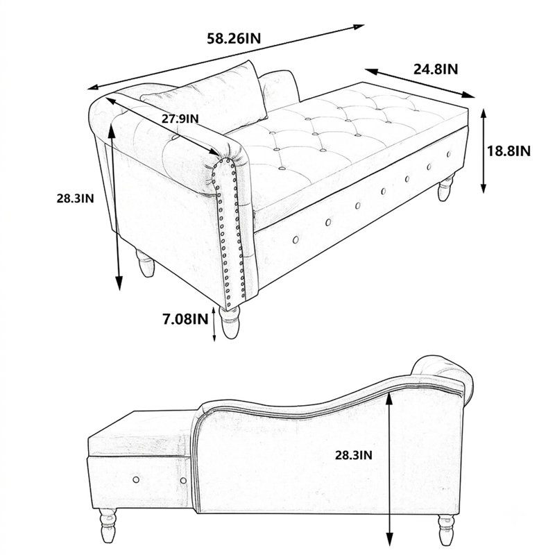 Chaise longue en velours capitonné à boutons avec rangement et garniture cloutée, Pink