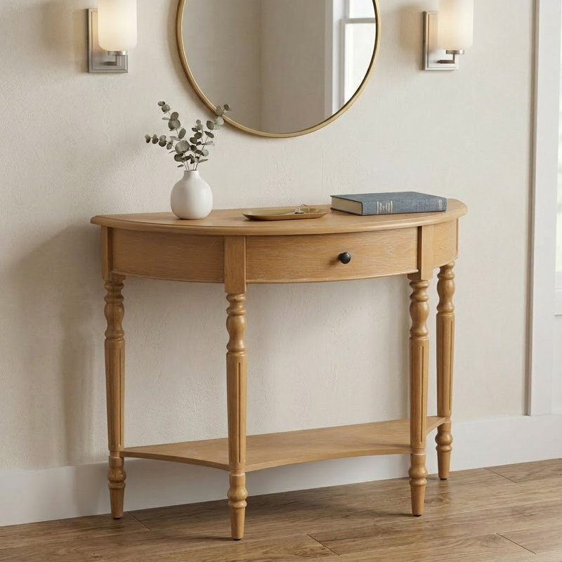 TREXM Space-Saving Farmhouse Console Table,Half Moon Sofa Table with Drawer and Lower Shelf for Entryway,Hallway,Foyer