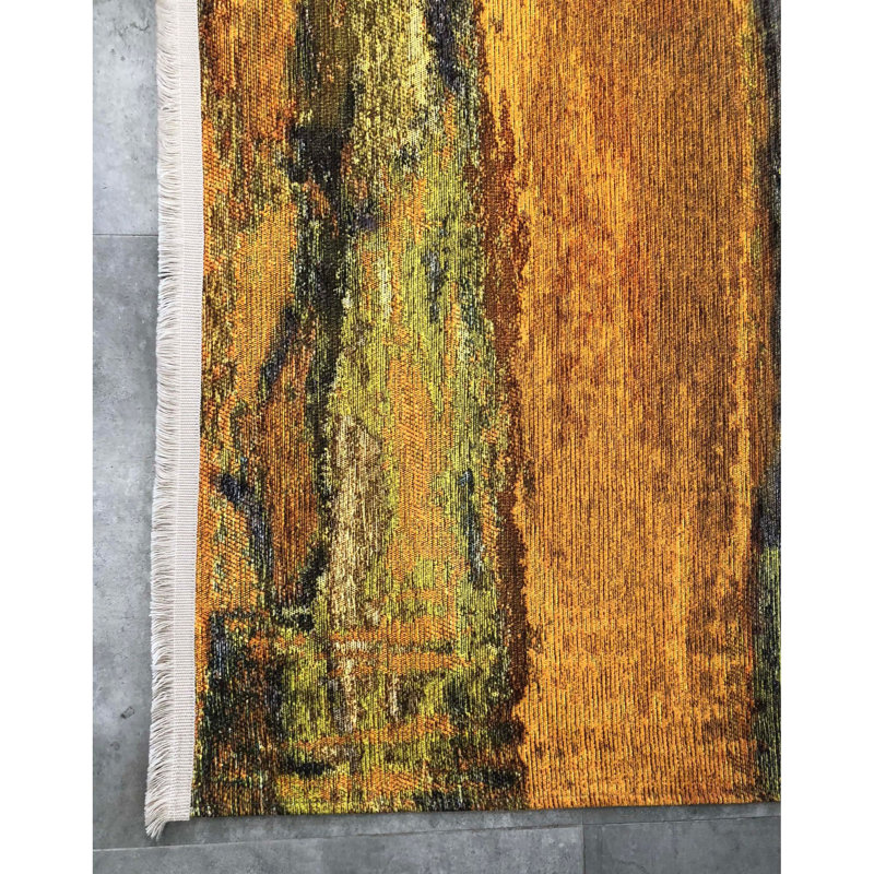 Tapis abstrait en coton tissé à la machine Edrina en vert / jaune / gris, Rectangle 4 pi 11 po x 7 pi 7 po