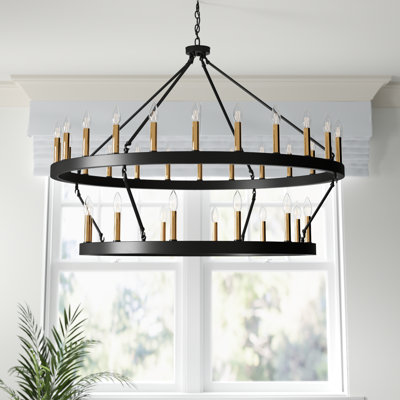 Anacia 2-Tier 36 - Light Farmhouse Chandelier with Adjustable Height Candle Wagon Wheel Chandelier