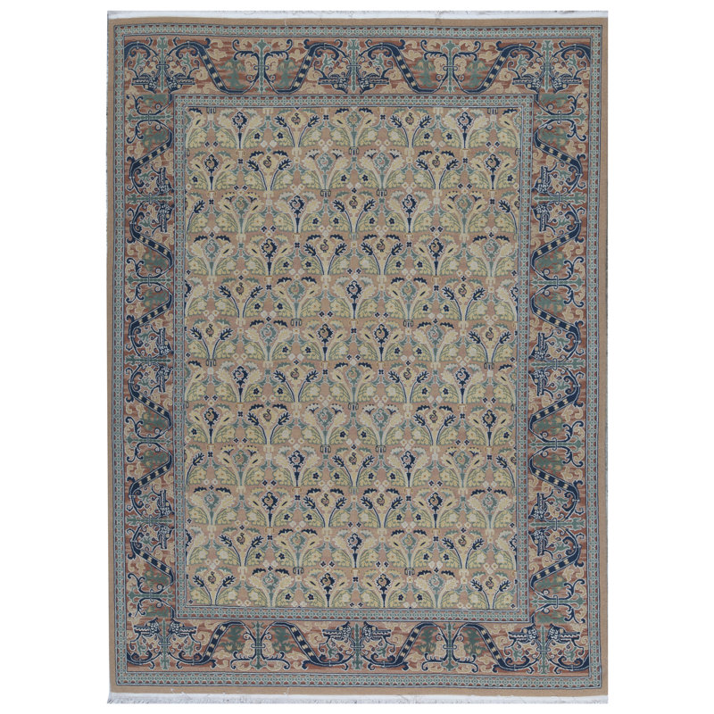 Wool Oriental Area Rug in Beige/Dark Blue