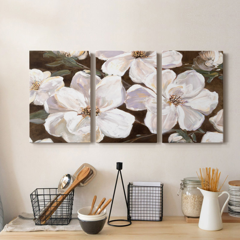 " White Chocolate Blooms I " 3 - Pieces, 48" H x 96" W x 1" D
