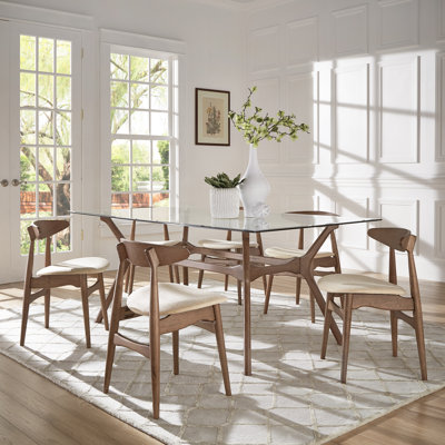 Arne Mid-Century 72" Glass Top Walnut Finish Rectangular Table Dining Set - Beige Fabric Chairs, 7-Piece
