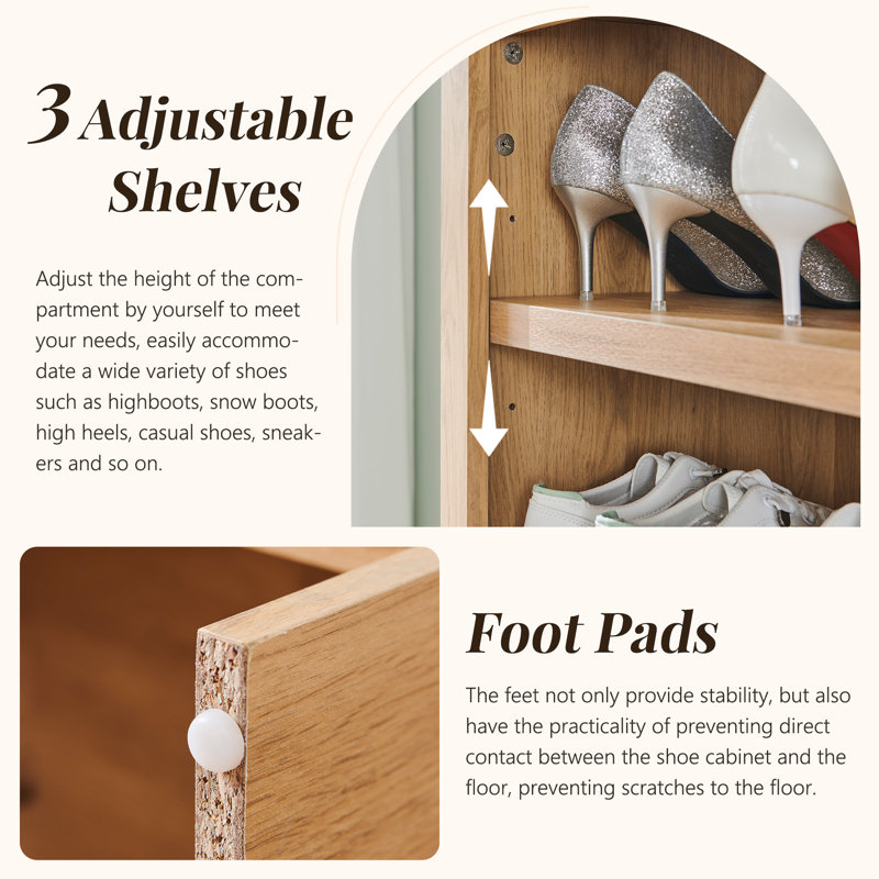67" Tall Arched Shoe Storage Cabinet, 8 Tiers 8 Pairs Wooden Shoe Rack with 3 Adjustable Shelves, Natural Wood
