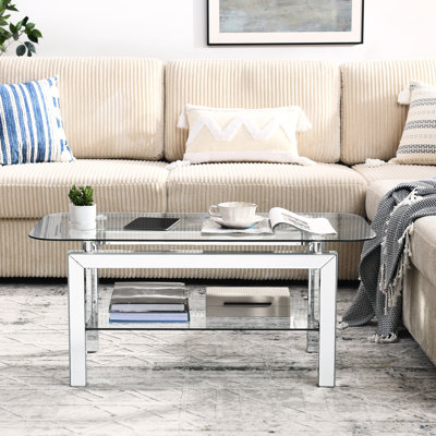Rectangular Mirrored Tempered Glass Coffee Table With Ample Storage For Living Area Spacious