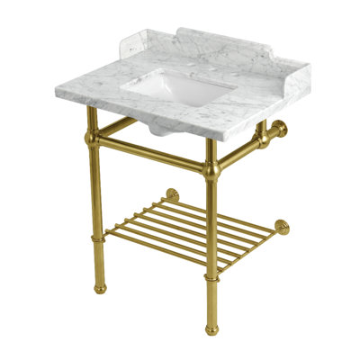 Kingston Brass Pemberton 30-Inch Carrara Marble Console Sink with Brass Legs and Shelf (8-Inch, 3-Hole)